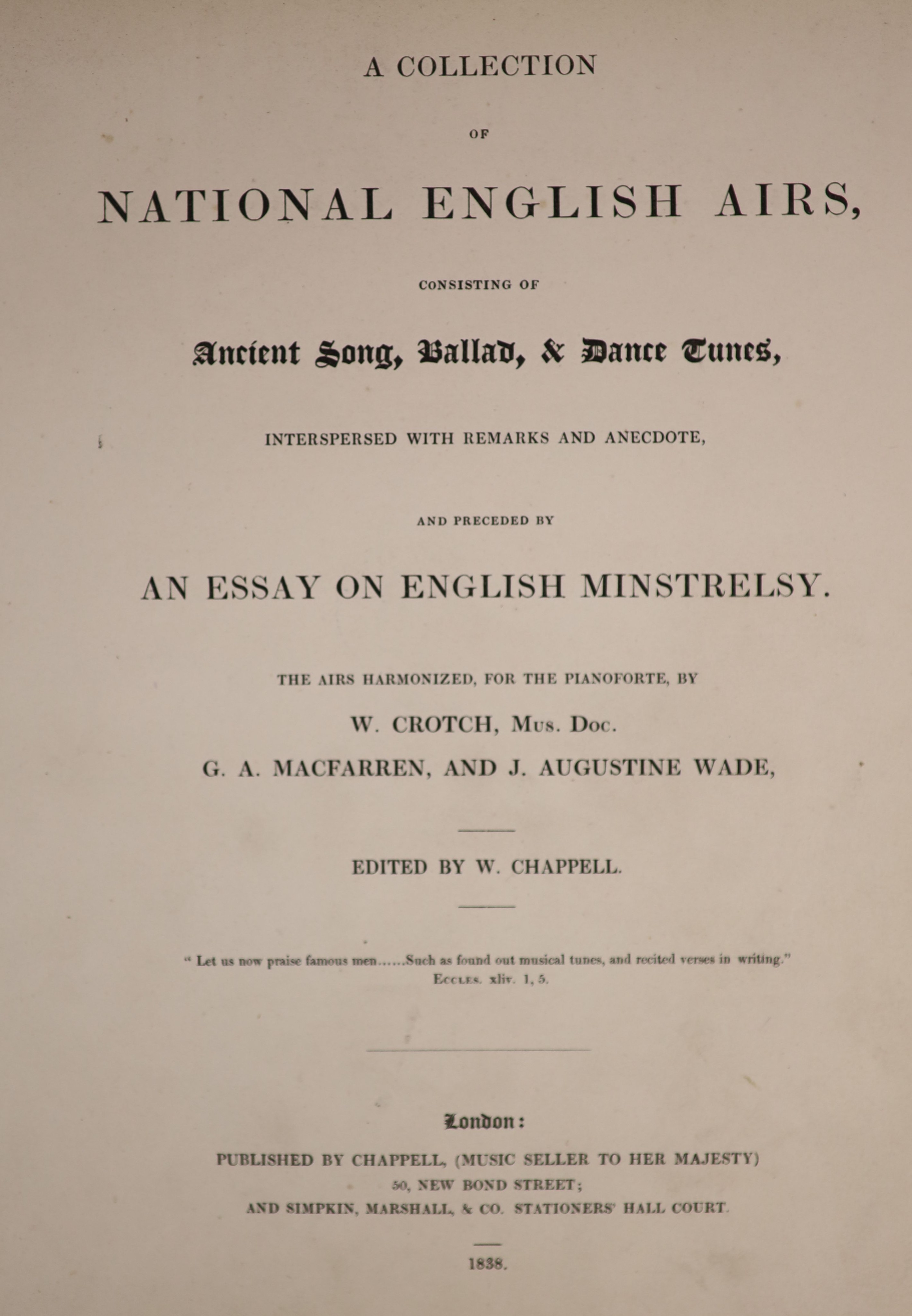 Chappell, W. (editor) - A Collection of National English Airs, consisting of Ancient song, Ballard, & Dance tunes…Complete with illustrated and printed title pages and numerous musical illustrations within the text. Half